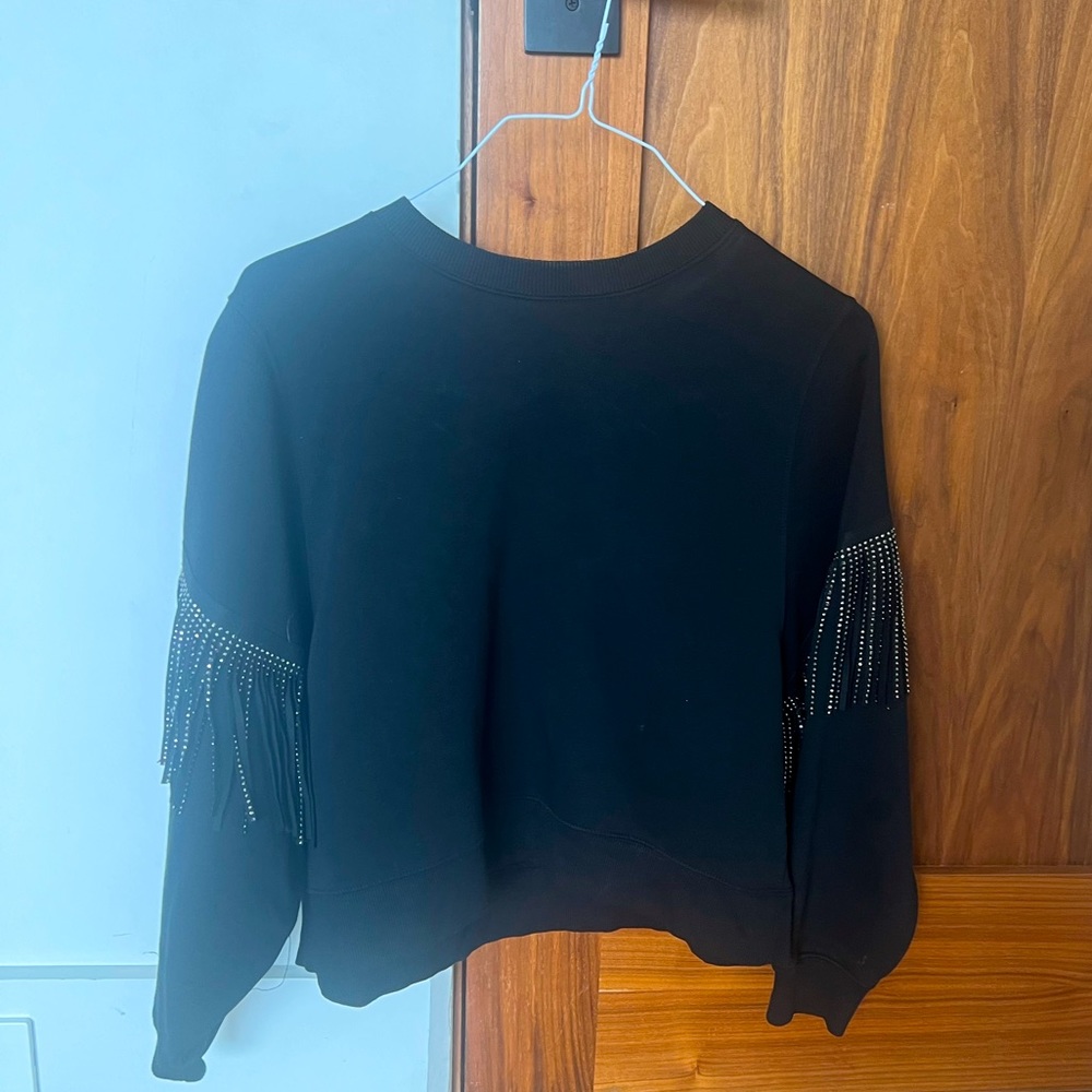 ZARA small black sweatshirt with crystal embellished fringe on sleeves